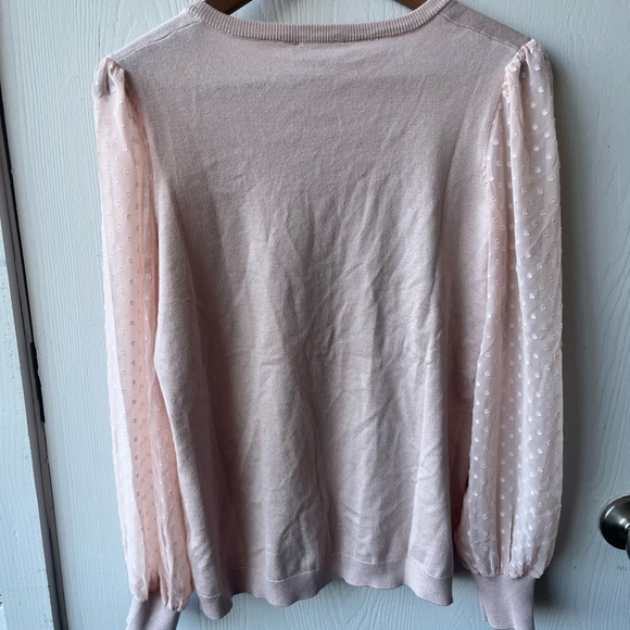 ADRIANNA PAPELL Blush Pink Button-Down Cardigan with Sheer Polka Dot Sleeves NWT - Picture 4 of 12